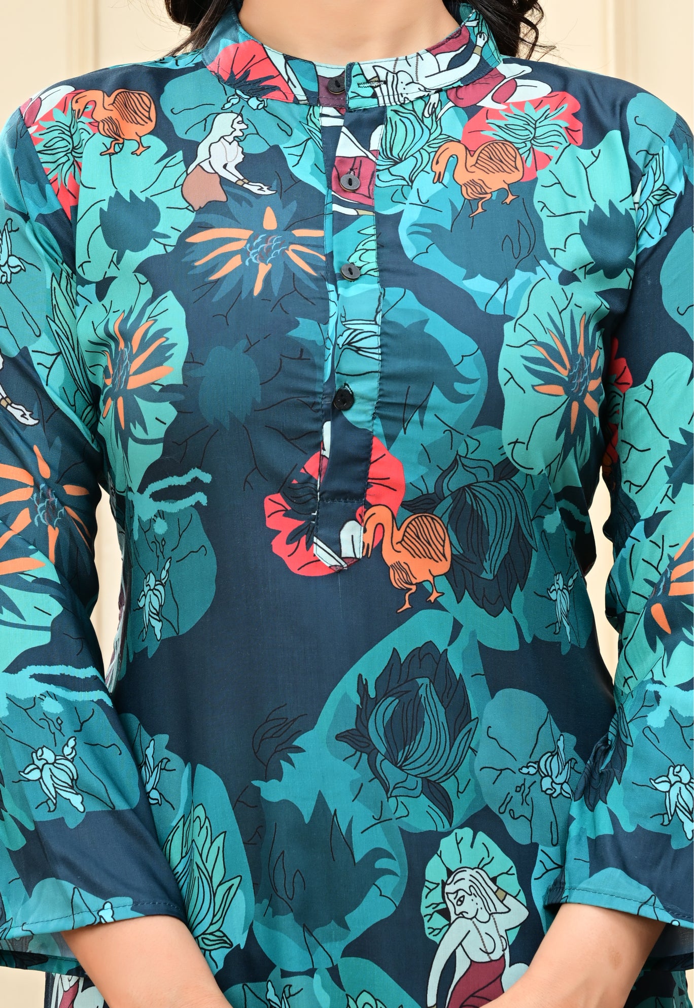 Animal and Floral Print Crepe Blue Kurta Set