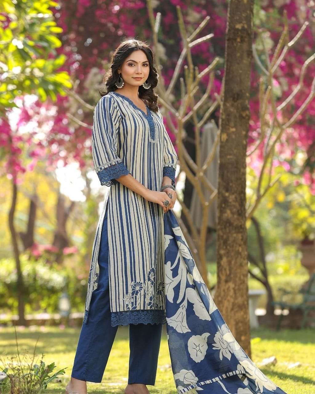 Cotton Floral Suit with Organza Embroidery Lacework