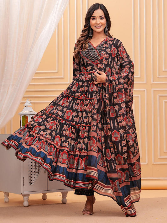 Ajrakh Print Black Anarkali Set with Sequence Handwork