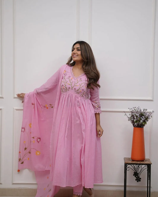Cotton Pink Flared Anarkali Three Piece Dress
