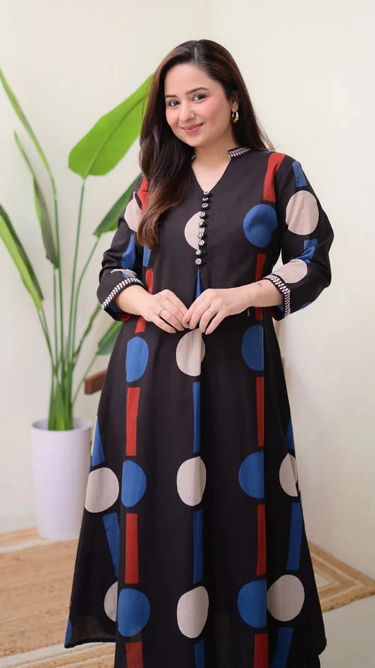 Geometric Print Officewear Flared Kurta Set - Black