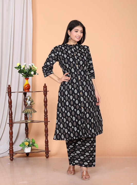 Cotton Printed Black Kurta Set