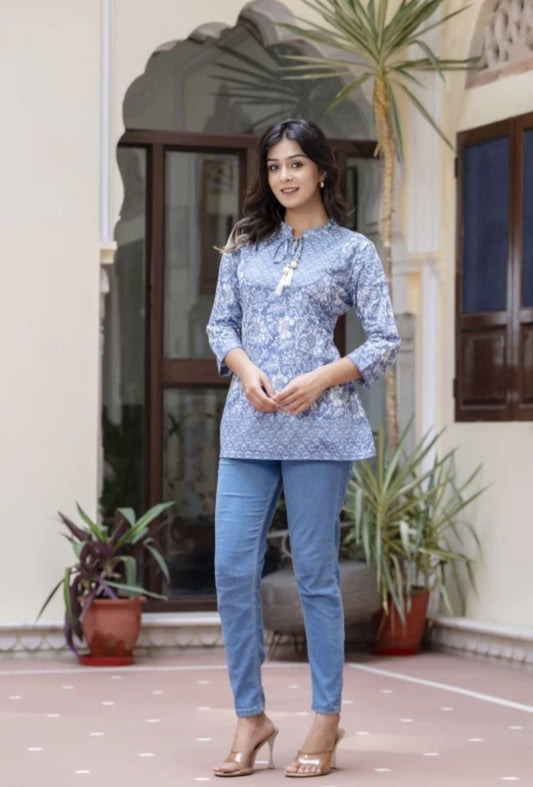 Designer Cotton Grey Printed Kurti