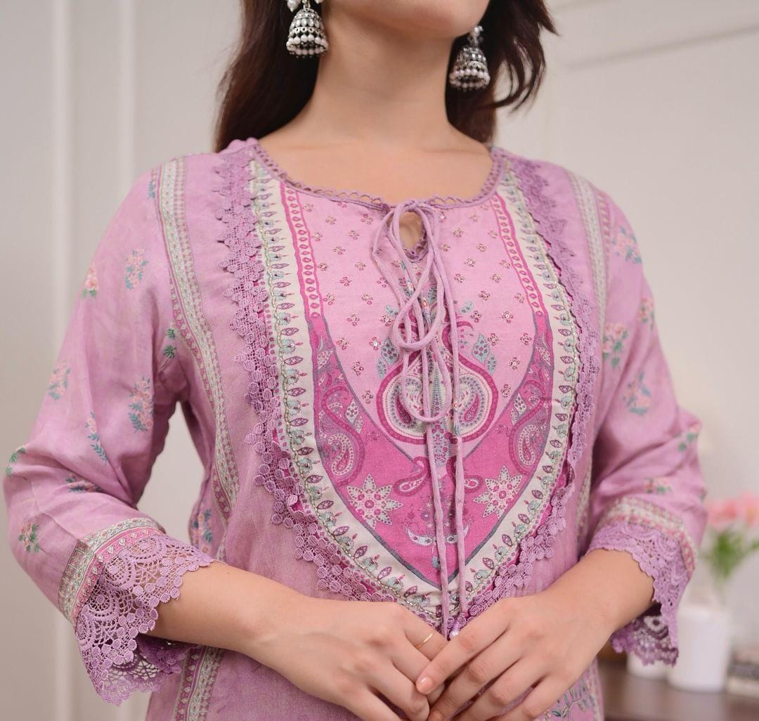 Lavender Pink Crepe Flared Three-Piece Kurti Set