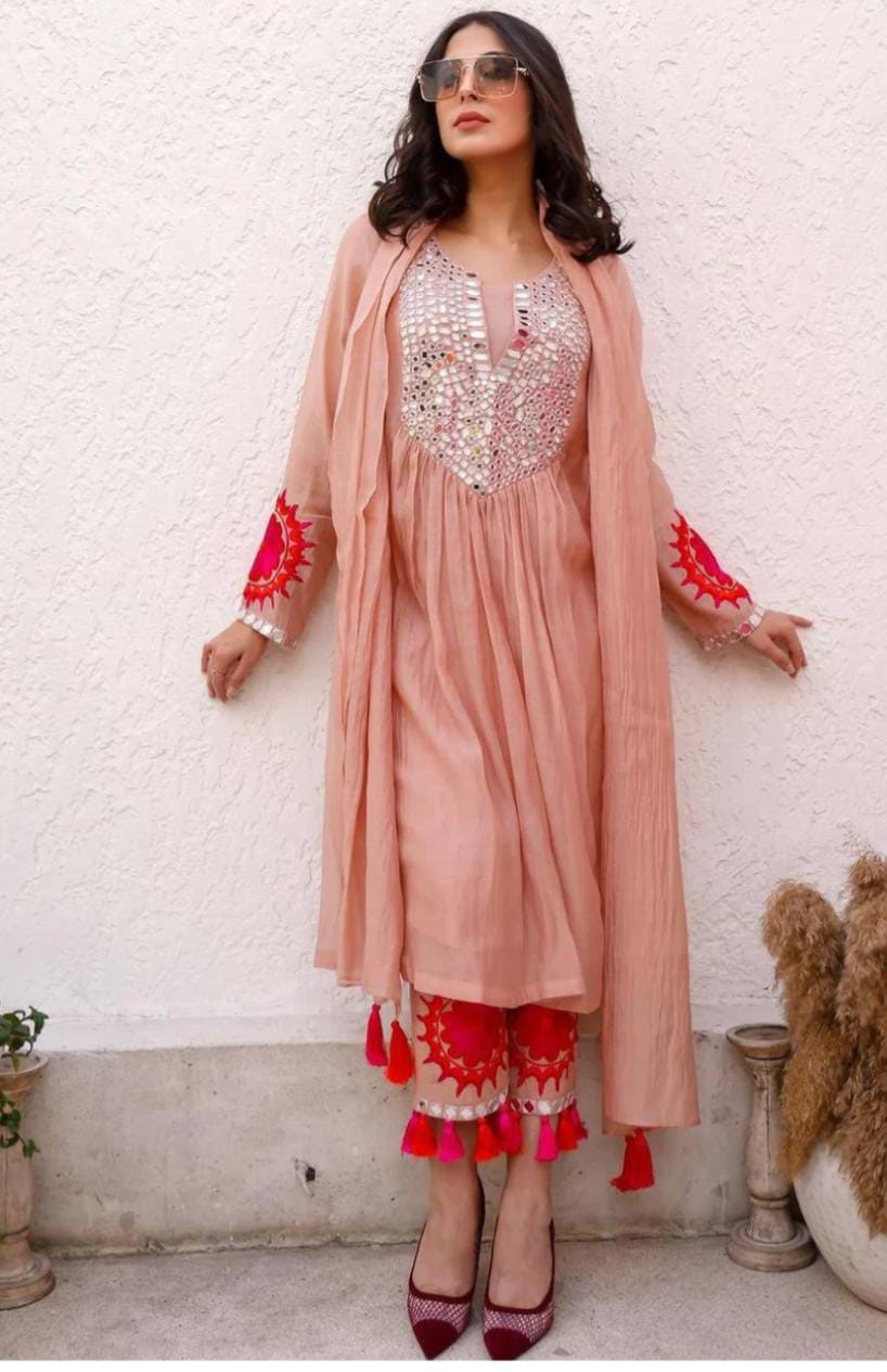 Festive Georgette Pink Embroidered Dress with Mirror Work