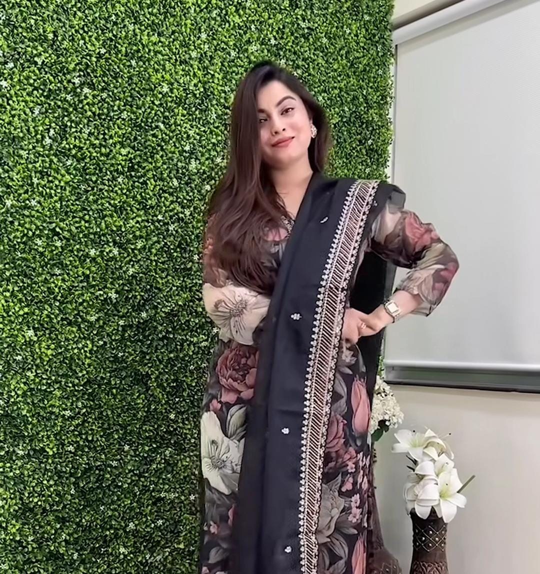 Black Floral Tissue Organza Kurta Set