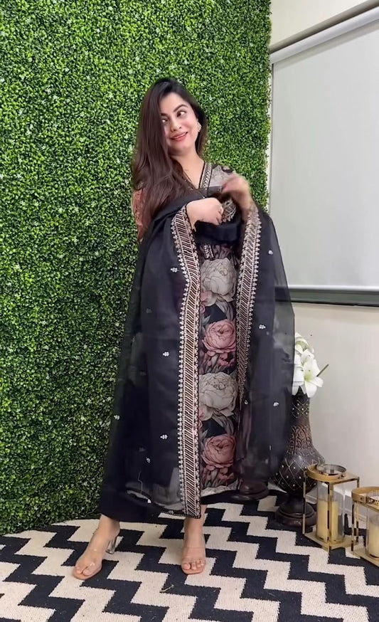 Black Floral Tissue Organza Kurta Set