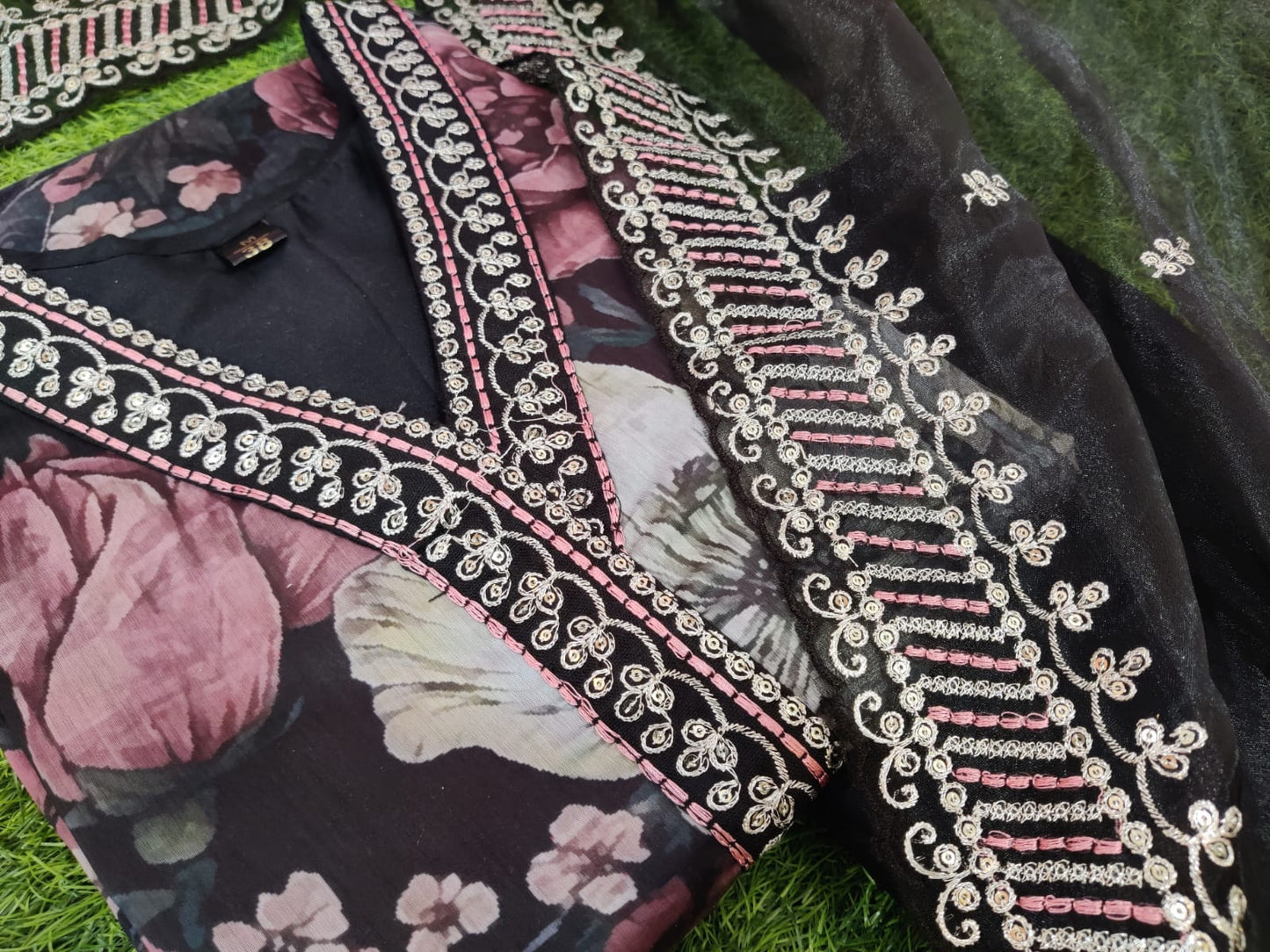 Black Floral Tissue Organza Kurta Set