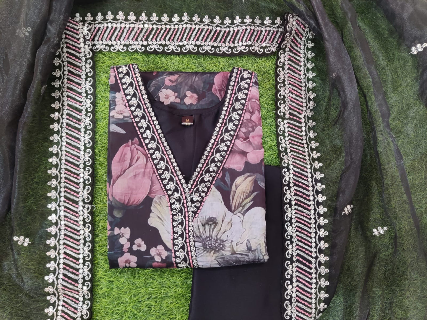 Black Floral Tissue Organza Kurta Set
