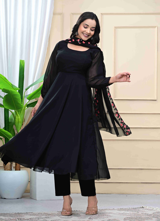 Black Georgette Anarkali Set with Embroidered Shawl