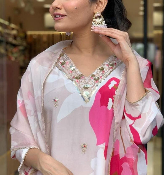 Shimmer Soft Muslin Crepe Three Piece Festive Dress