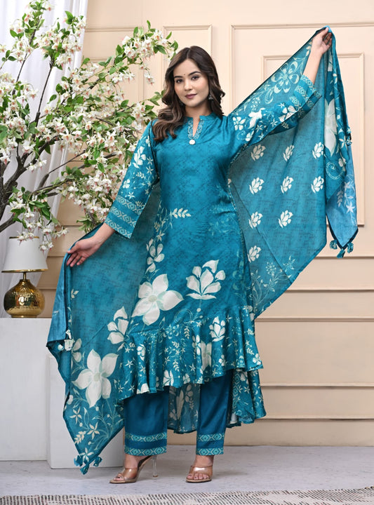 Pure Muslin Teal Designer Frilled 3 Piece Set