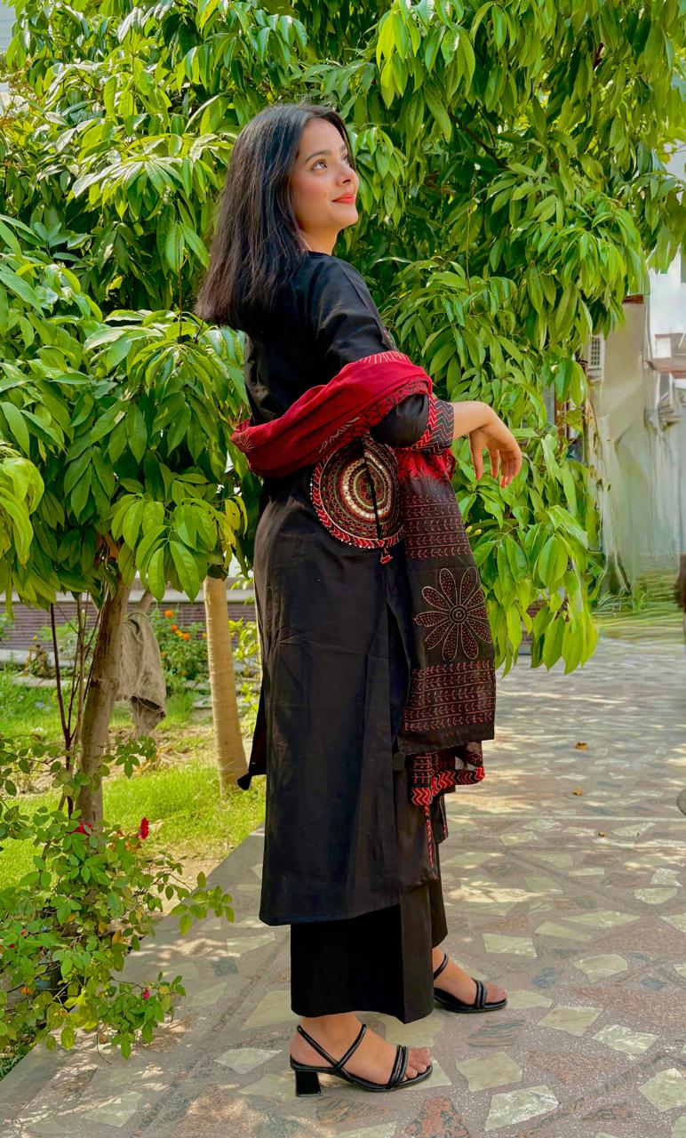 Exquisite Mandala Art Embroidered Black Flared Dress