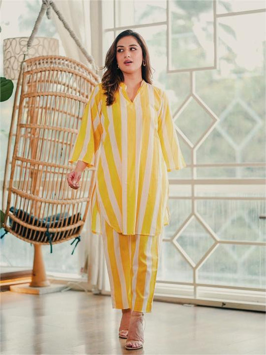 Pure Cotton Striped Mustard Coord Set