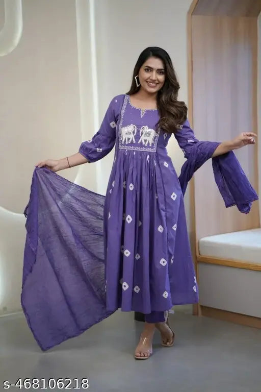 Cotton Purple Flared Kurta Set with Ajrakh Embroidery