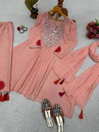 Festive Georgette Pink Embroidered Dress with Mirror Work