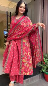 Red Flared Boho Three Piece Cotton Dress