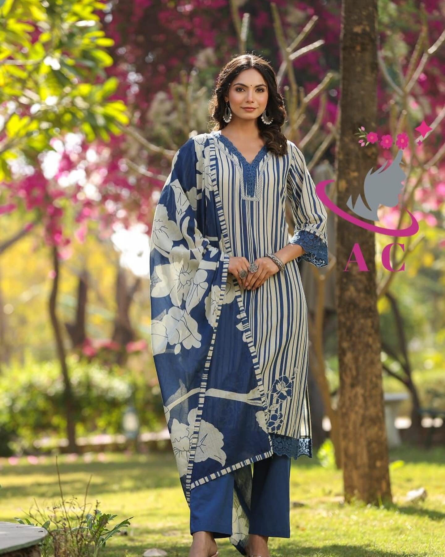 Cotton Floral Suit with Organza Embroidery Lacework