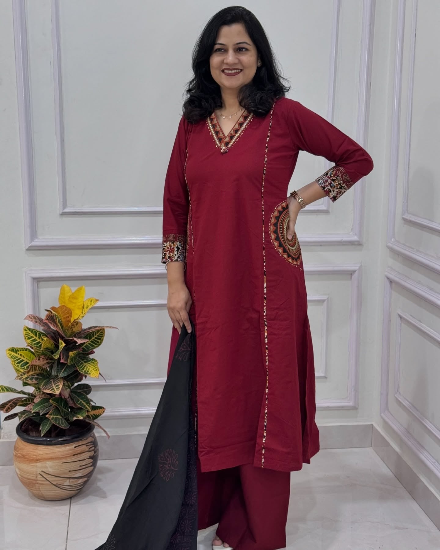 Exquisite Mandala Art Embroidered Red Flared Dress