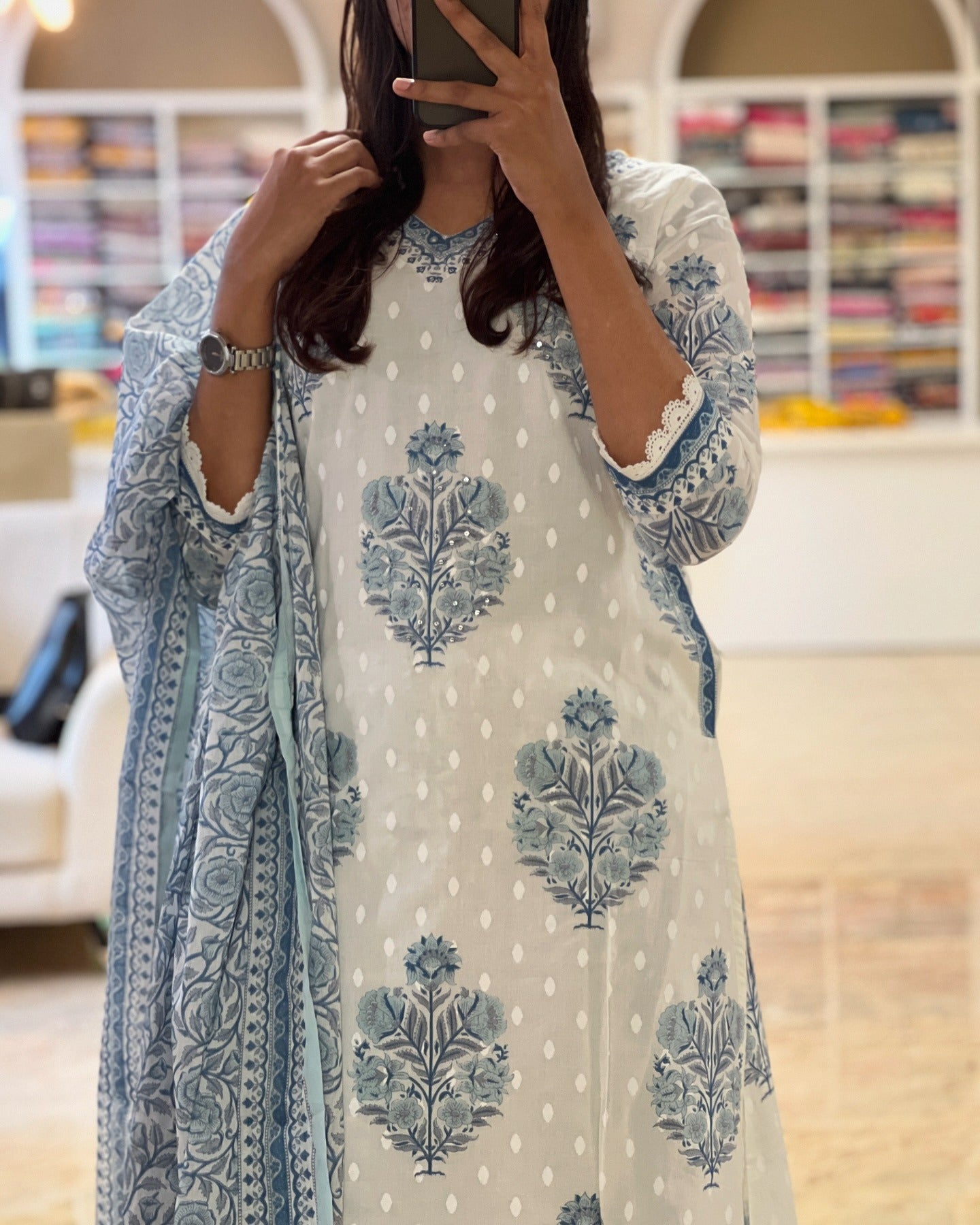 Block Print White and Teal Salwar Suit with Sequence Handwork