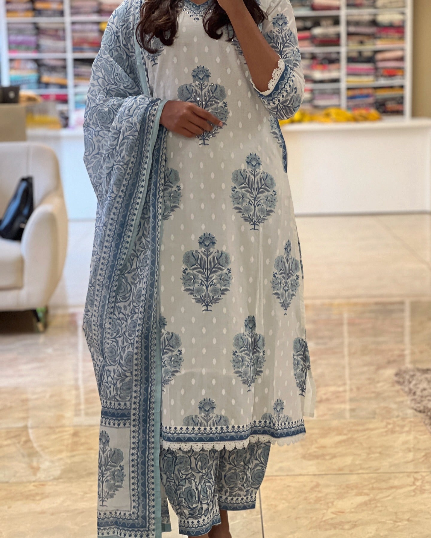 Block Print White and Teal Salwar Suit with Sequence Handwork
