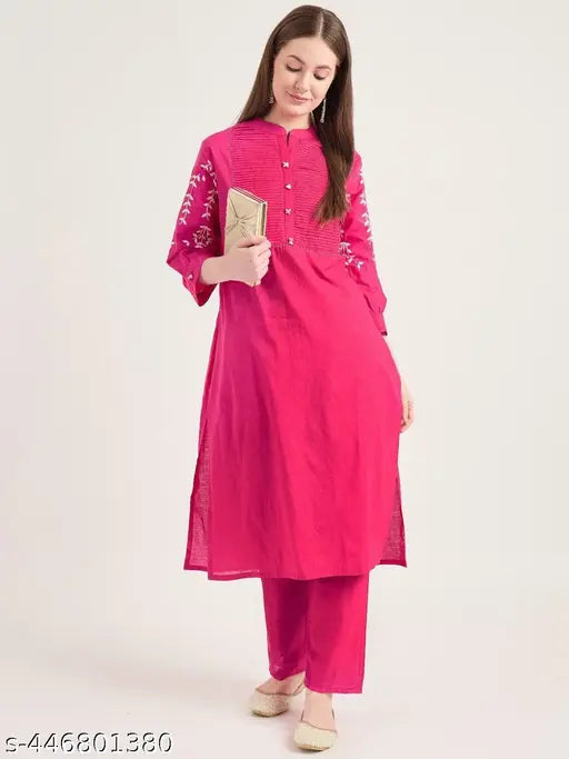 Cotton Pink Kurta Set with Embroidered Sleeves