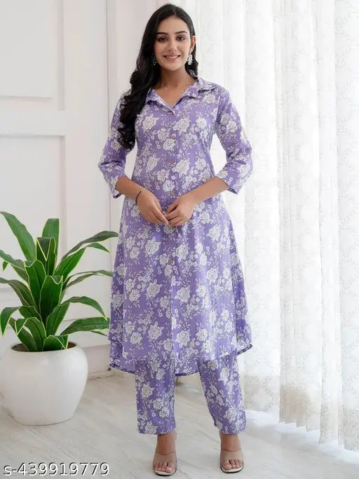 Princess Cut Flared Purple Floral Kurta Set