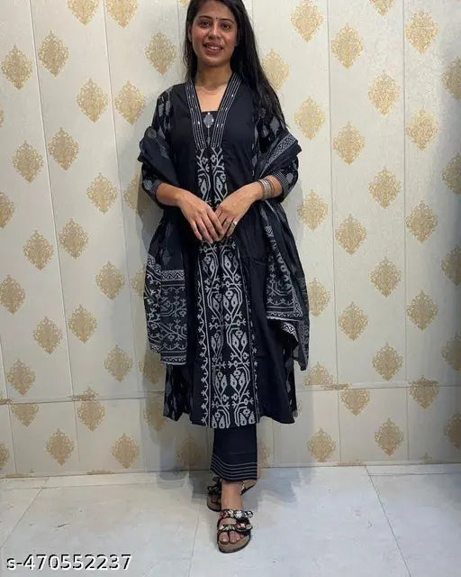 Designer Black Printed Cotton Flared Dress