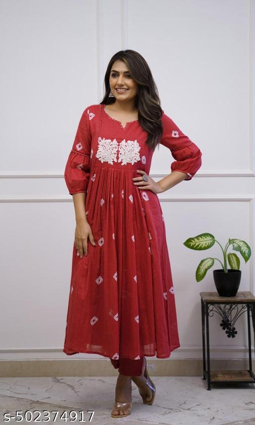 Red Floral Embroidery Cotton Kurta Set