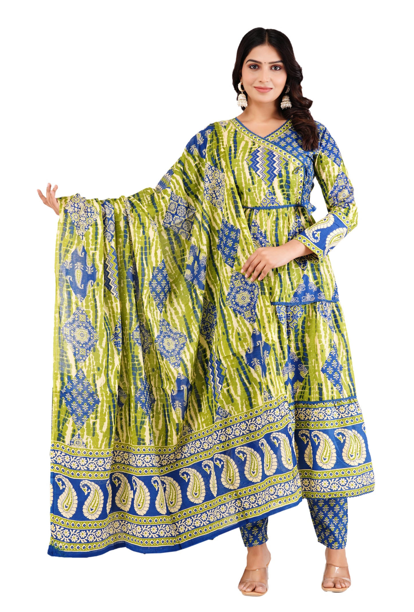 Green Cotton Angarakha Patchwork Anarkali Set