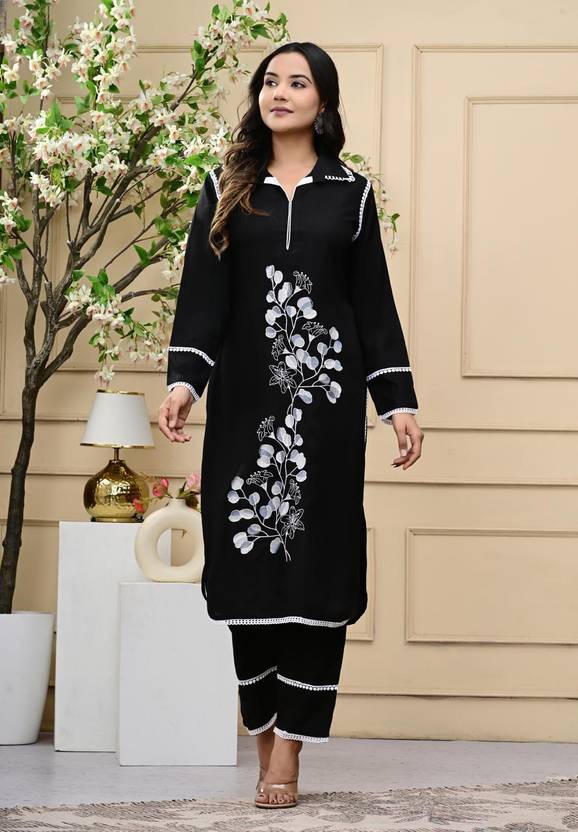 Designer Black Kurta Set with Lacework & Embroidery