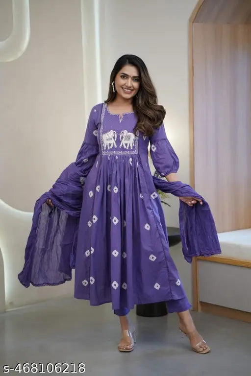 Cotton Purple Flared Kurta Set with Ajrakh Embroidery