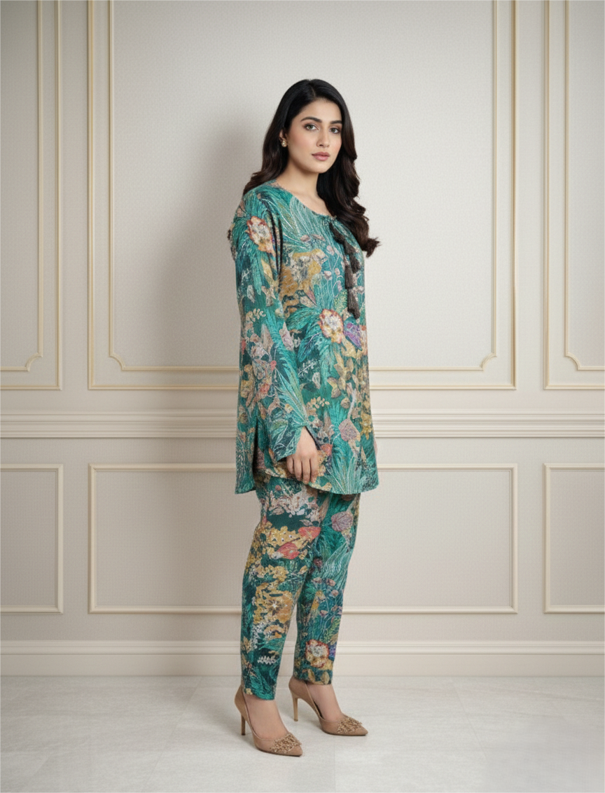 Muslin Sea Green Floral Printed Coord Set with Handwork