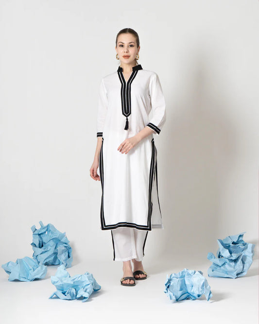 White Officewear Cotton Kurta Set with Black Stripes