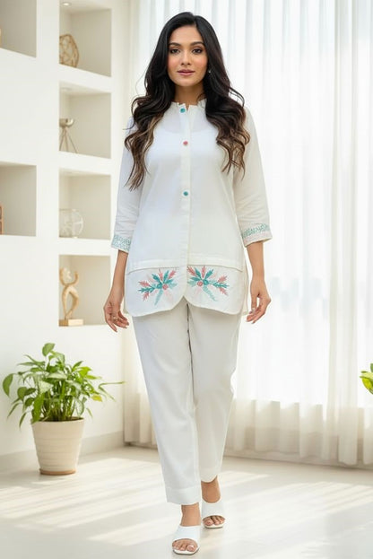 White Cotton Flex Embroidered Officewear Coord Set