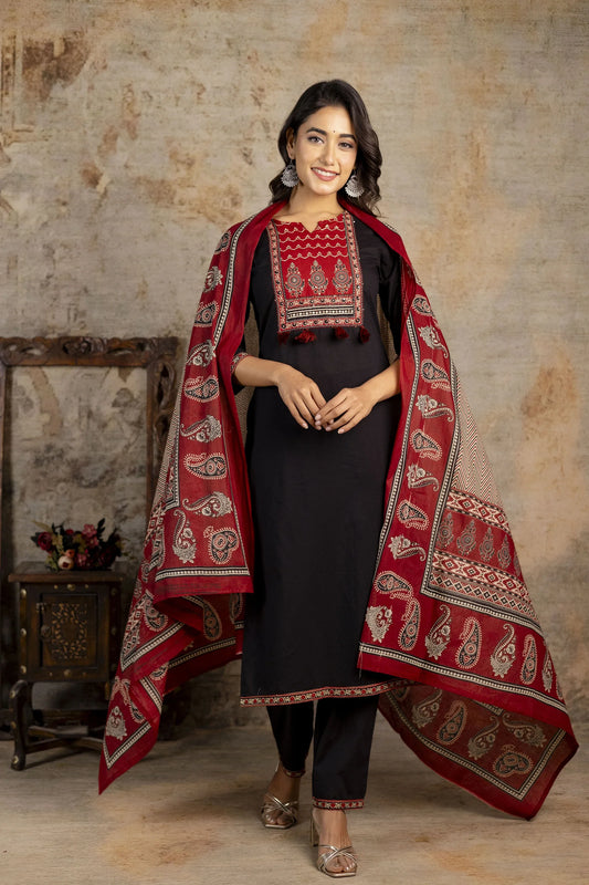 Ajrakh Officewear Cotton Suit with Printed Dupatta