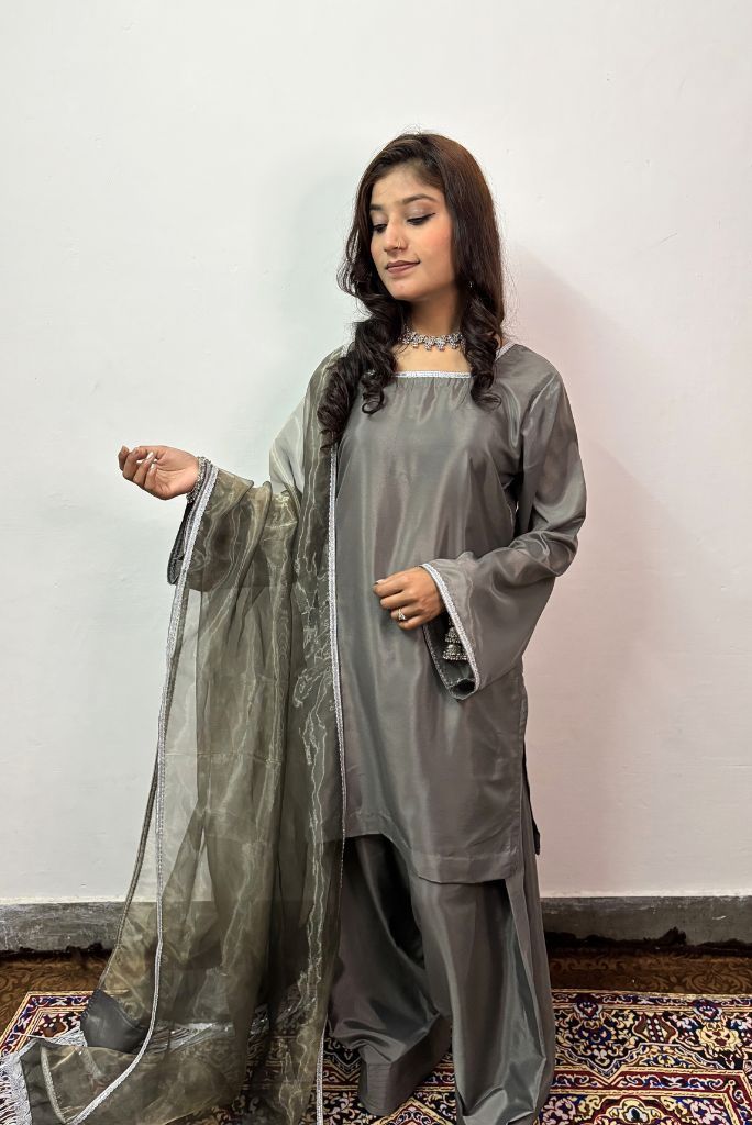 Marble Grey Crepe Silk Three Piece Farshi Salwar Suit