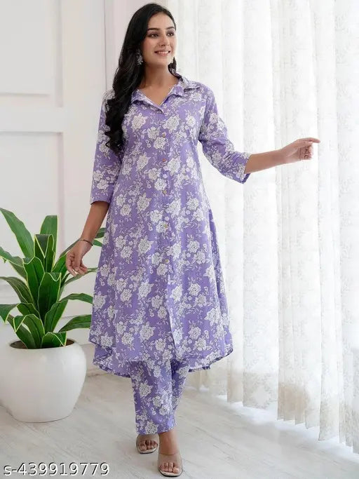 Princess Cut Flared Purple Floral Kurta Set
