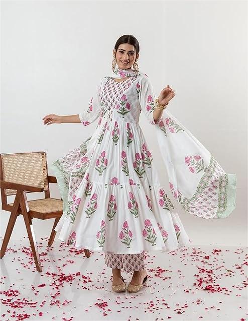 Double Choli Block Print Cotton Anarkali Set