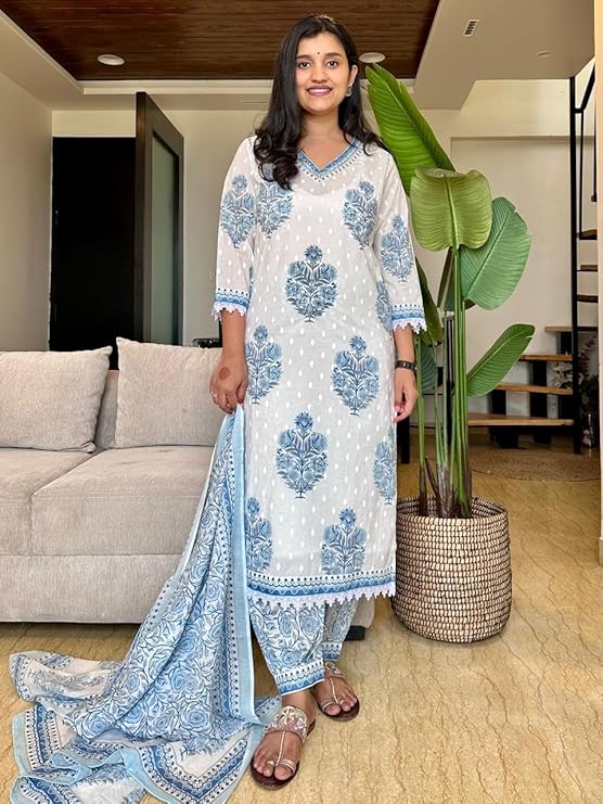 Block Print White and Teal Salwar Suit with Sequence Handwork