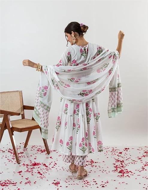 Double Choli Block Print Cotton Anarkali Set