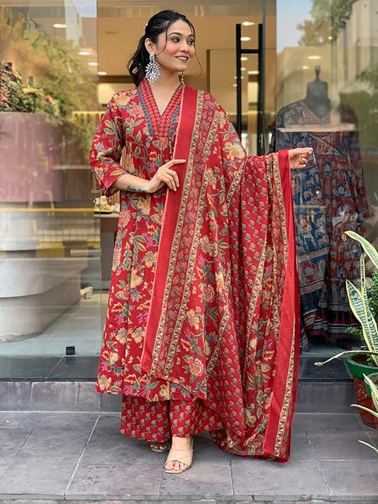 Red Cotton Three Piece Flared Suit Set