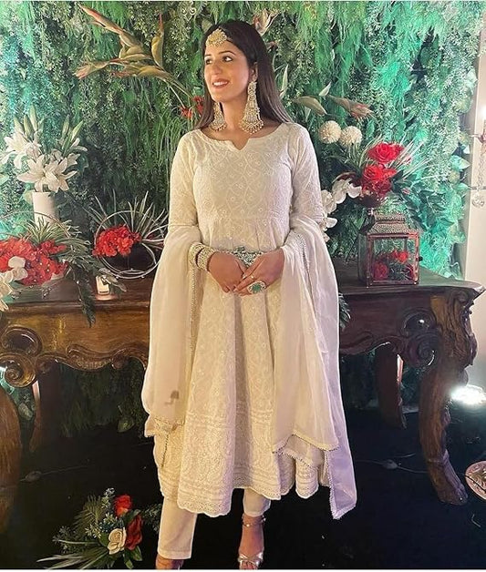 Sequence Embossed Chikankari Beige Anarkali Set