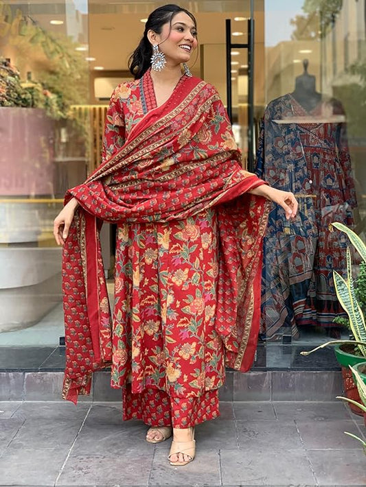 Red Cotton Three Piece Flared Suit Set