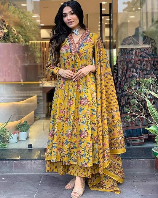 Flared Three Piece Mustard Yellow Floral Suit Set