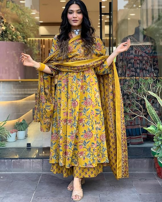 Flared Three Piece Mustard Yellow Floral Suit Set