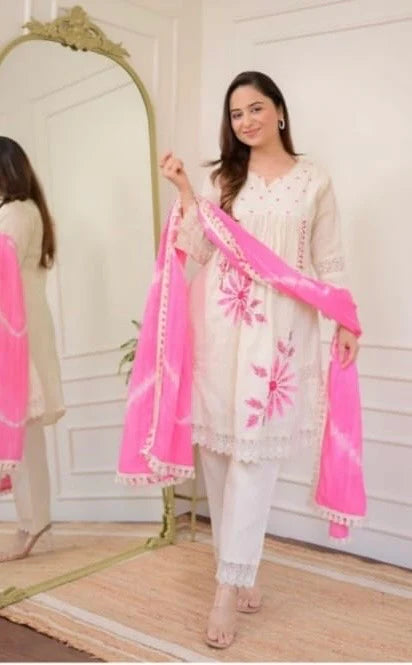 Schiffli Cotton 3 Piece Dress with Handwork