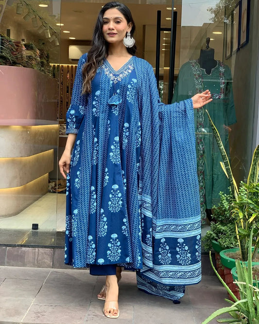 Flared Cotton Three Piece Dress with Silver Threadwork