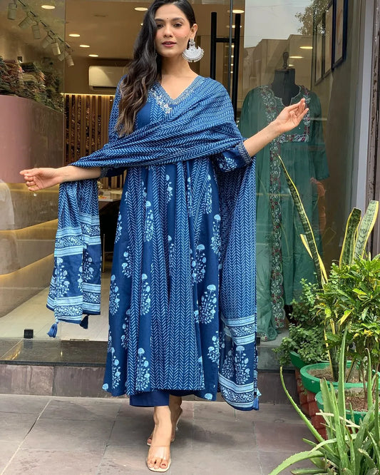 Flared Cotton Three Piece Dress with Silver Threadwork