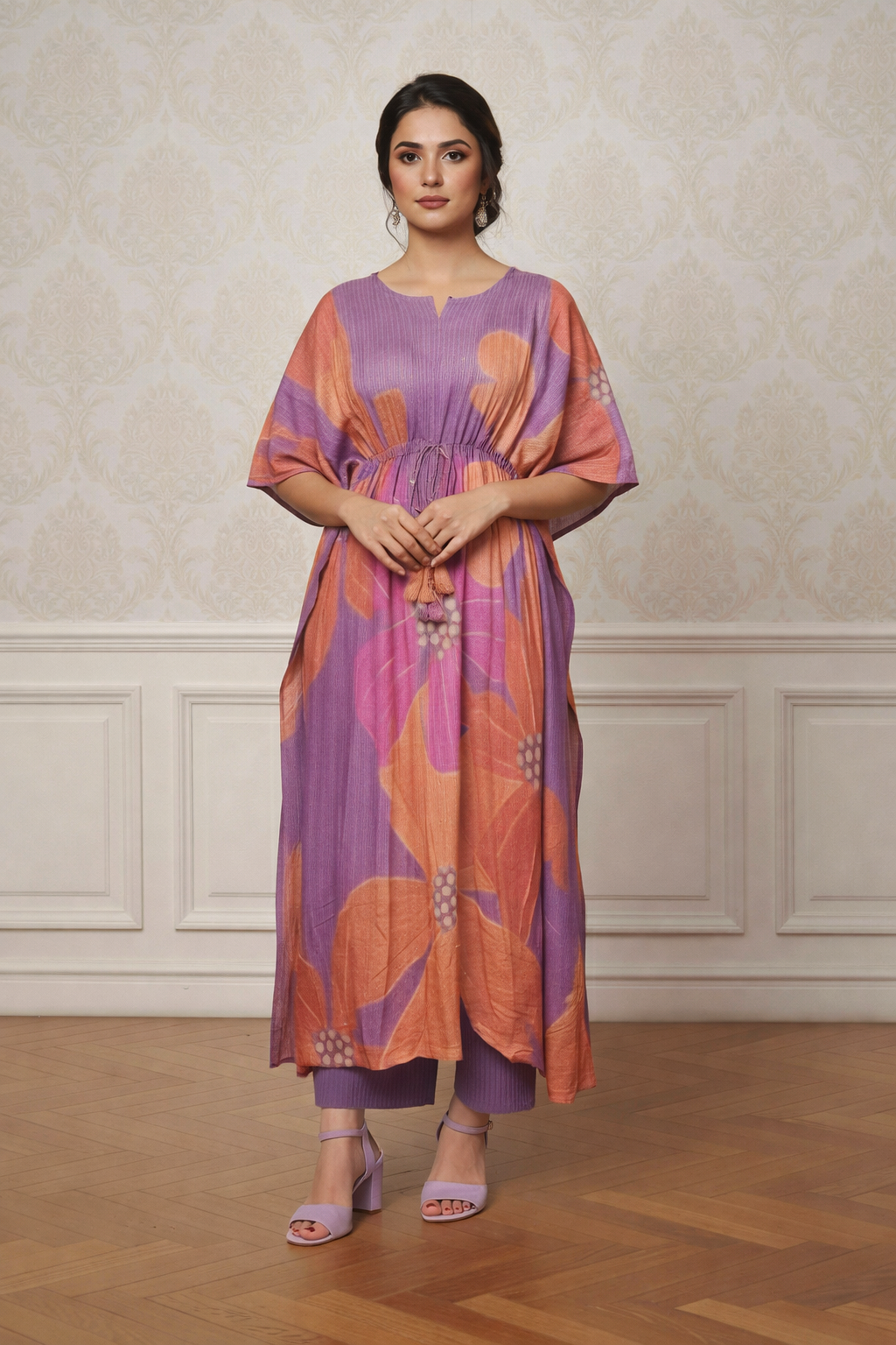 Floral Printed Kaftan Dress with Waist Tie | Sequence Handwork Two Piece Dress